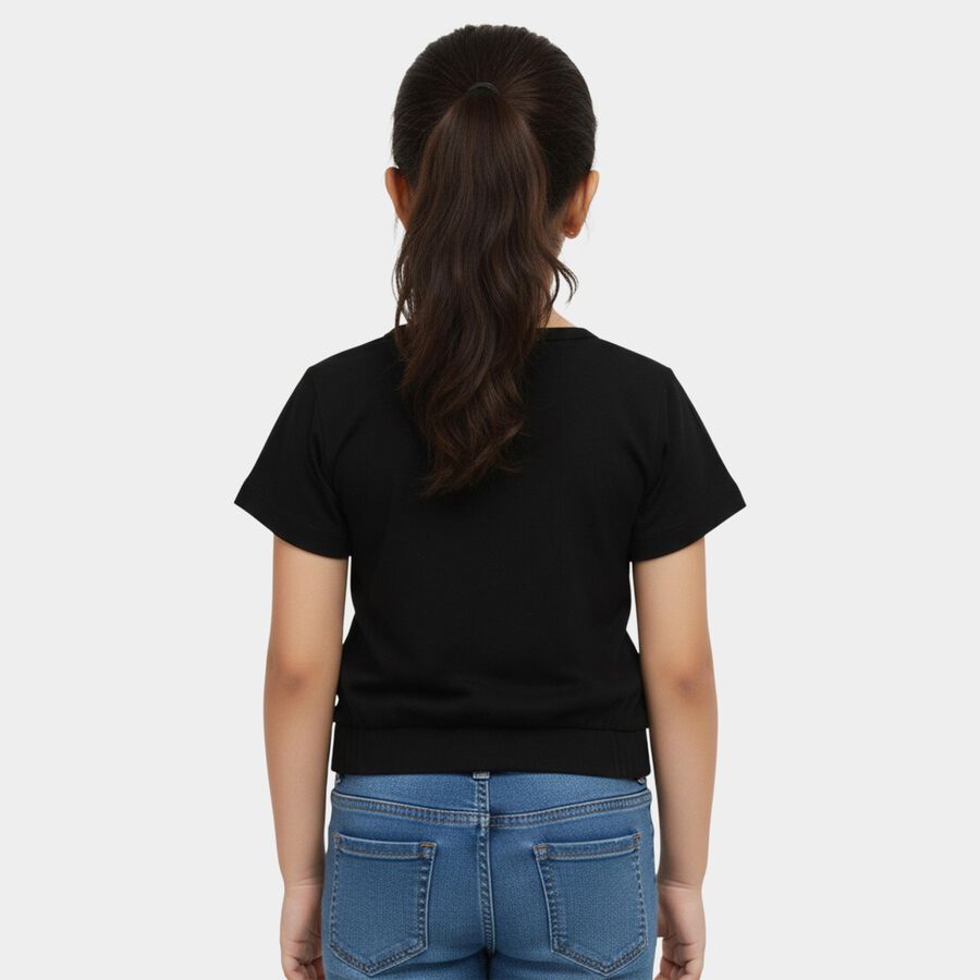 Girls' Black Cotton Round Neck Graphic T-Shirt, Black, large