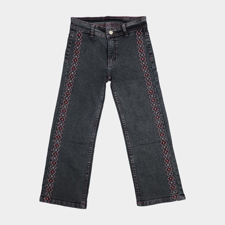 Girls Black Straight Fit Embroidered Jeans, काला, large