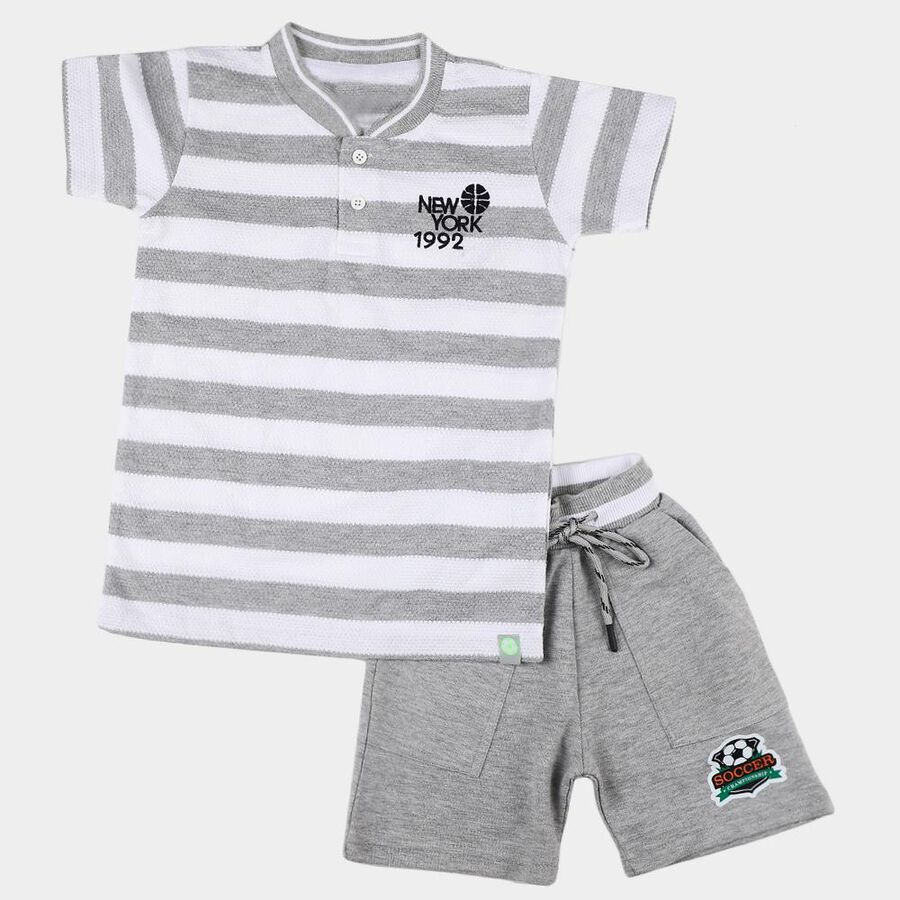 Boys Grey Mandarin Collar Striped Baba Suit, Light Grey, large