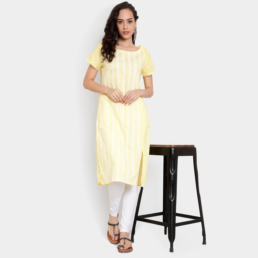 Cotton Embroidered Short Sleeves Kurta, Yellow, large image number null