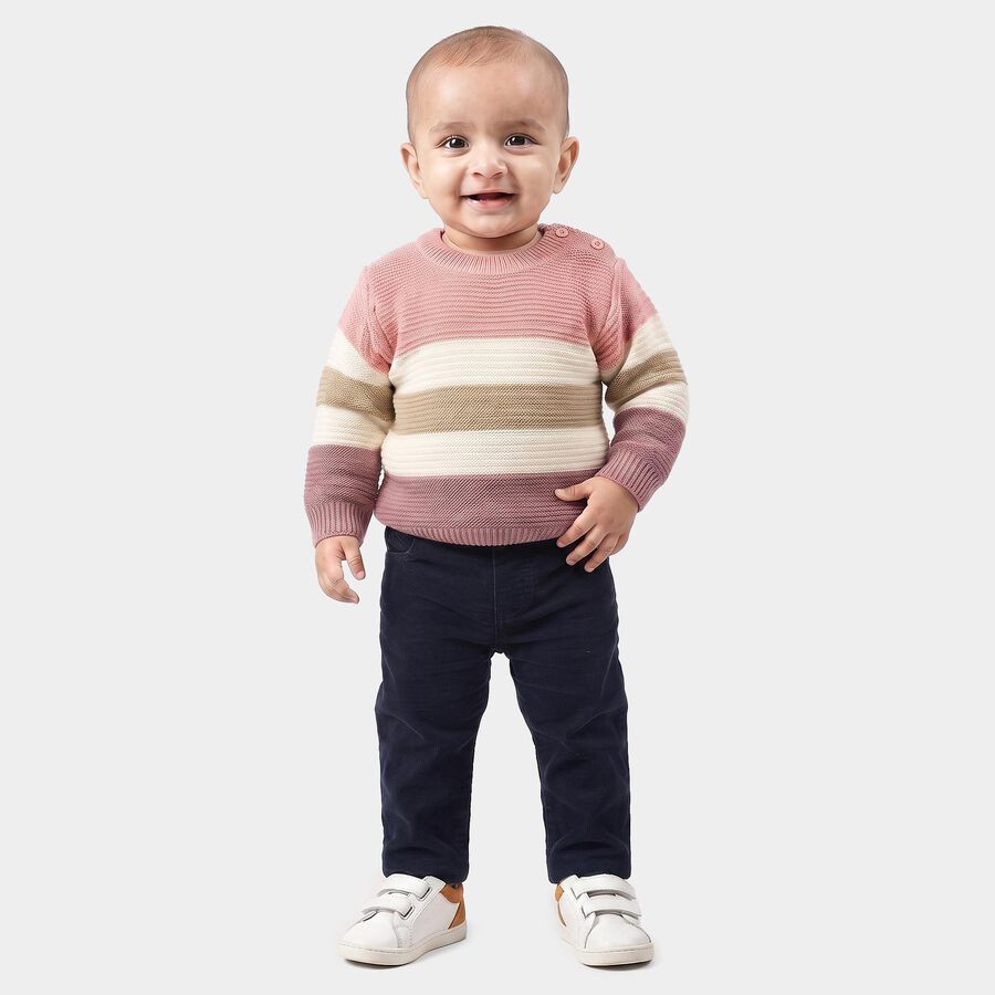 Infants' Pink Crew Neck Striped Pullover, गुलाबी, large