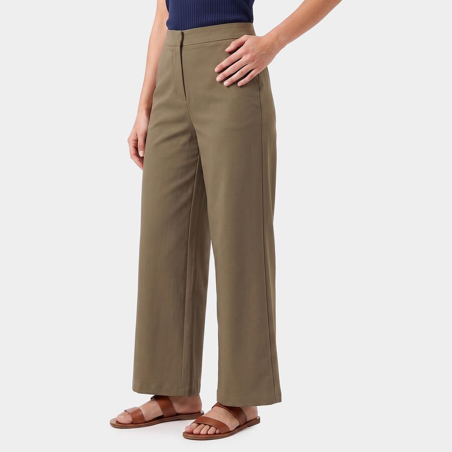 Women's Olive Green Wide-Leg Flat-Front Trousers, Olive, large