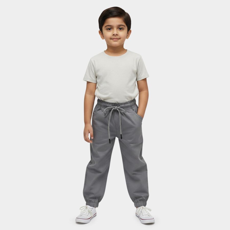 Boys' Grey Regular Fit Elastic Waist Jogger Trousers, हल्का ग्रे, large