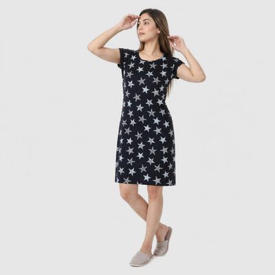 Women's Navy Blue Round Neck T-Shirt Style Nighty
