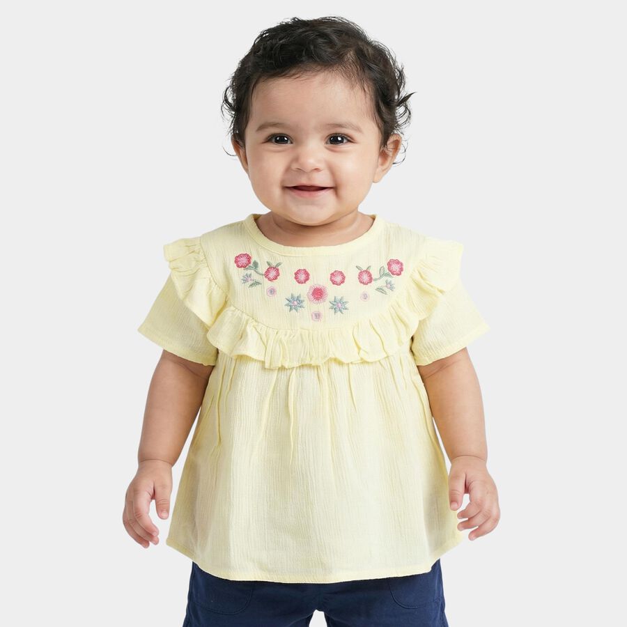 Infants Yellow Round Neck Casual Top, Yellow, large