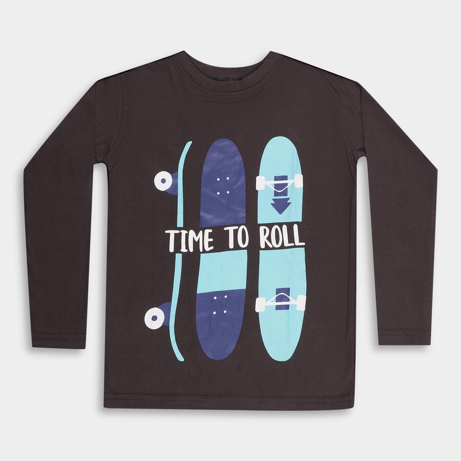 Boys' Dark Charcoal Black Crew Neck Casual T-Shirt, गहरा ग्रे, large image number null