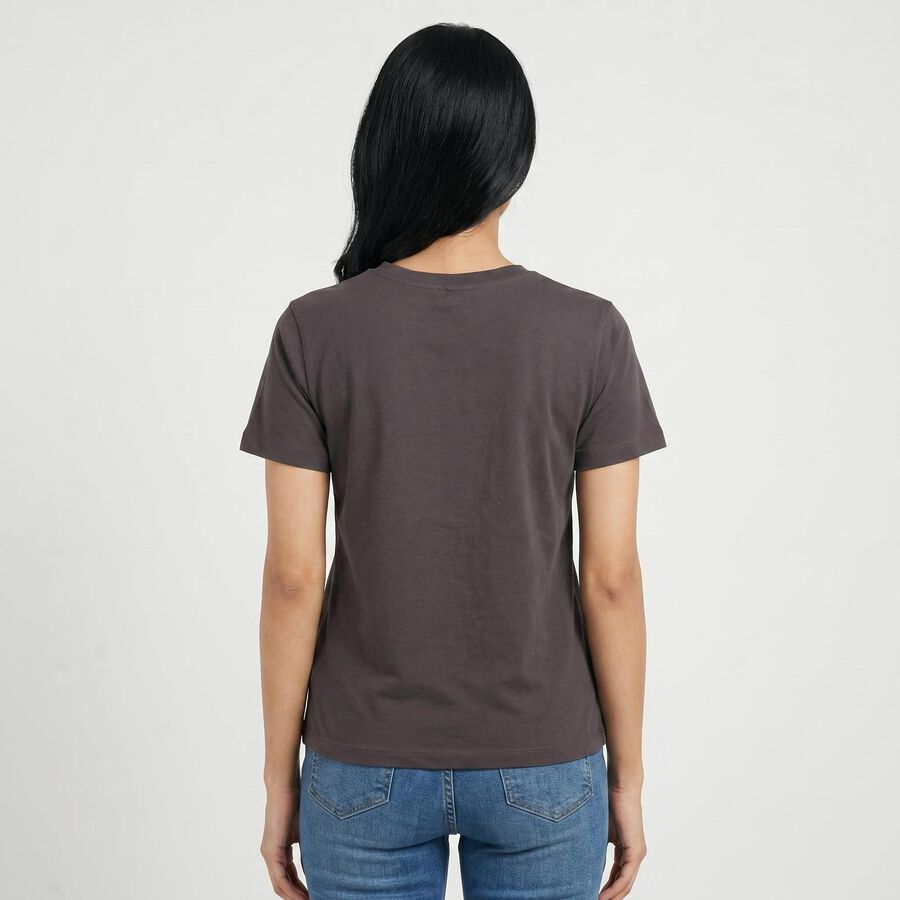 Women Dark Grey Round Neck Regular T-Shirt, Dark Grey, large