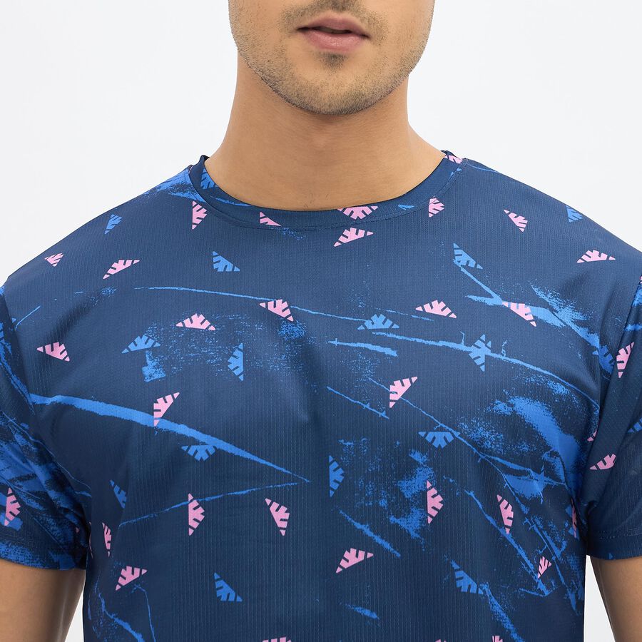 Men's Navy Blue Round Neck Athleisure T-Shirt, Light Blue, large image number null