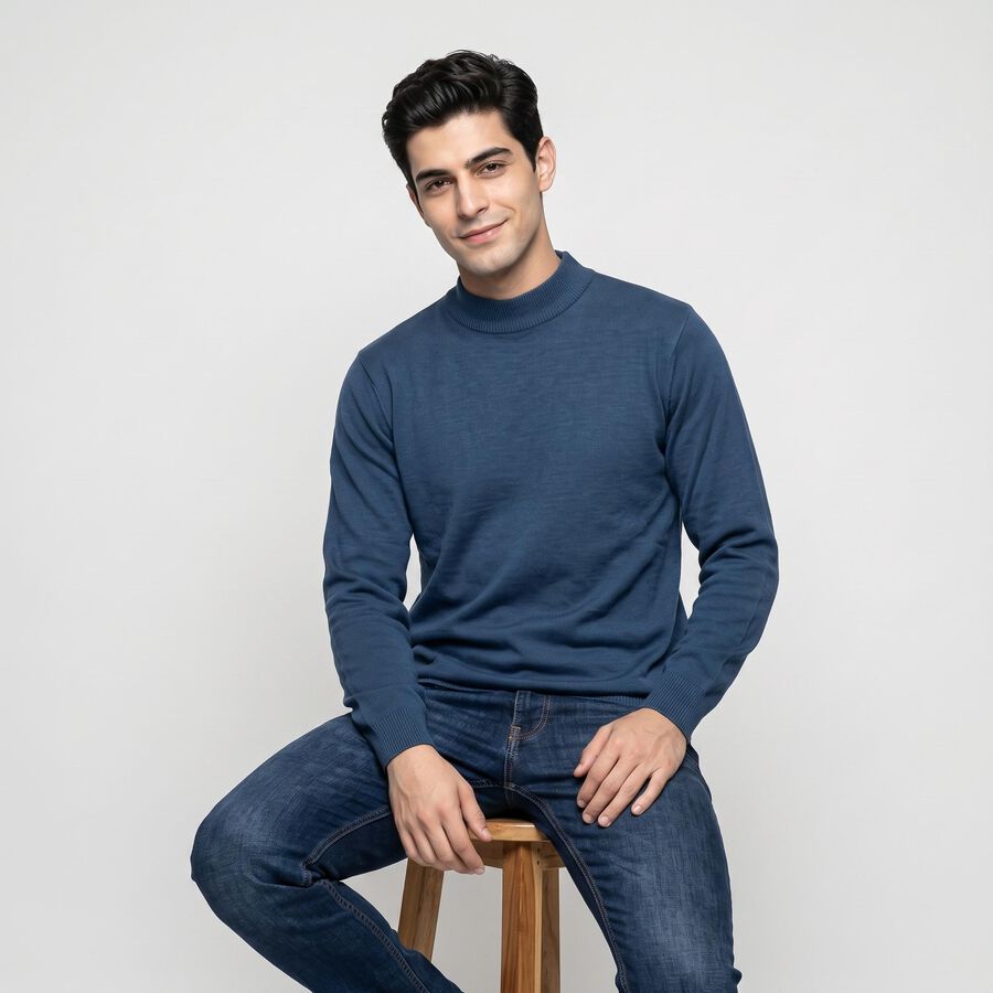 Men's Blue Mock Neck Pullover, Teal Blue, large