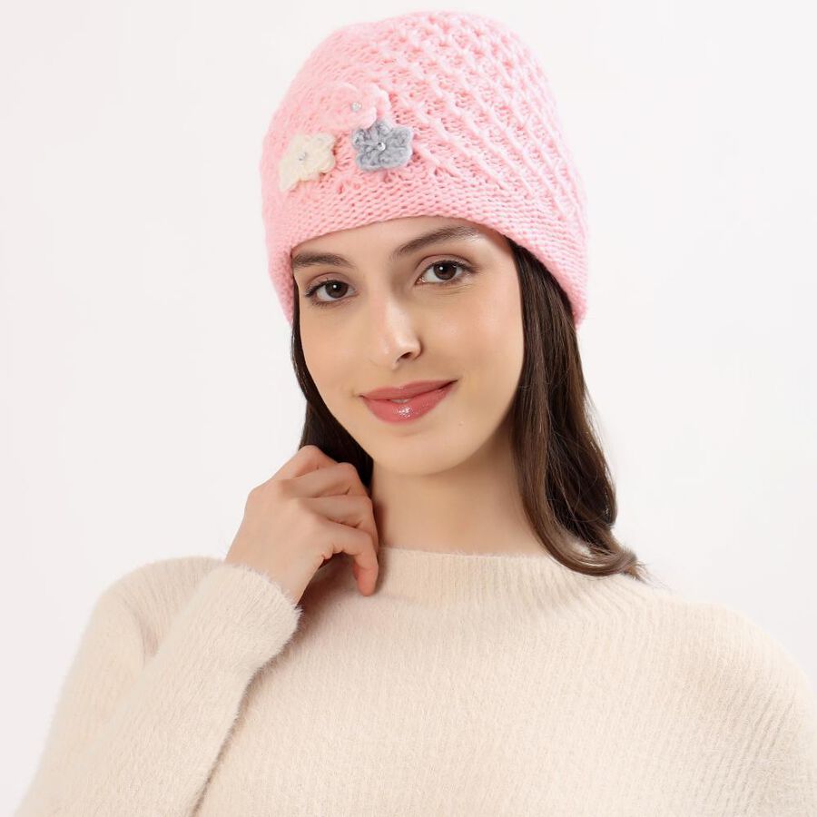 Women's Soft Pink Floral Embellished Knitted Cap, Light Pink, large image number null