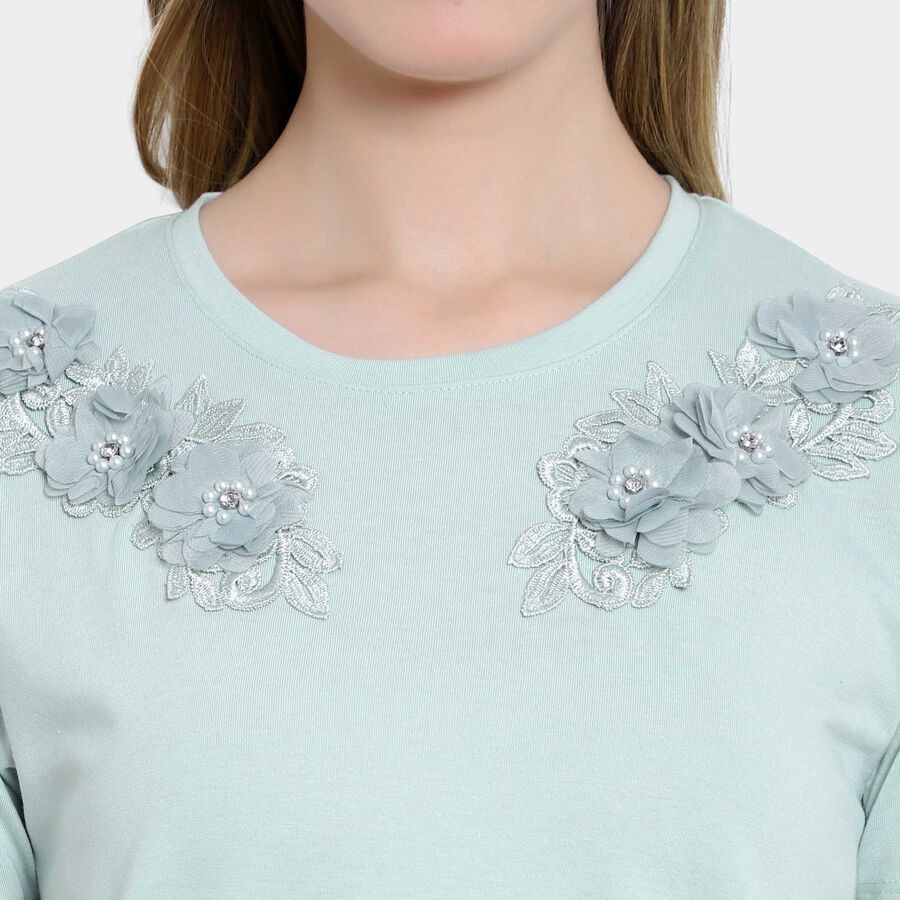 Embellished Round Neck T-Shirt, Light Green, large image number null