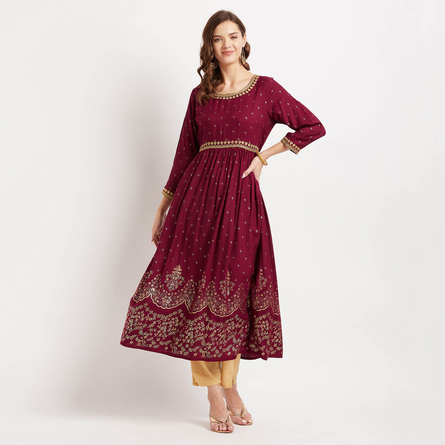 3/4Th Sleeves Flared Kurta, Wine, large image number null