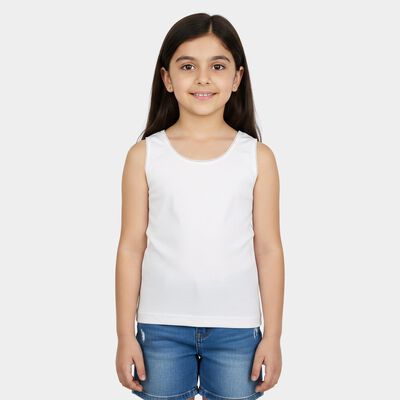 Girls White Cotton Round Neck Sleeveless Vest