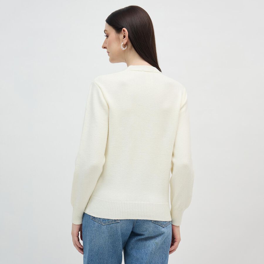 Women's Rich Eggshell White Crew Neck Casual Pullover, ऑफ व्हाइट, large image number null