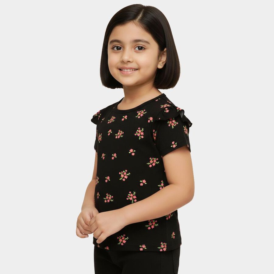 Girls' Jet Black Cotton Round Neck Casual T-Shirt, काला, large