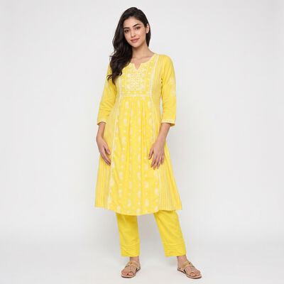 Women's Mustard Printed Ethnic Set