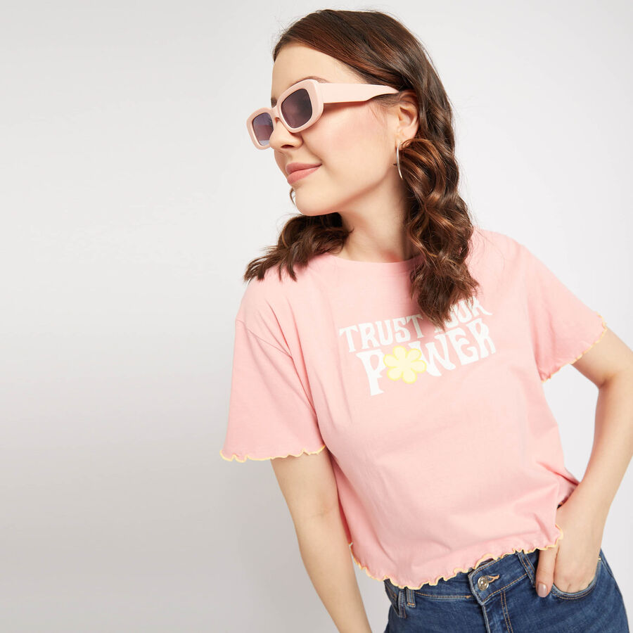 Cotton Round Neck T-Shirt, Peach, large image number null