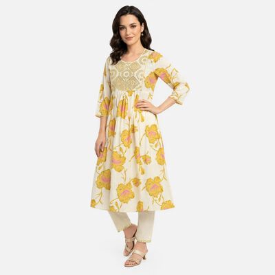 Women's Yellow Cotton Embellished Kurta Set Ethnic Set