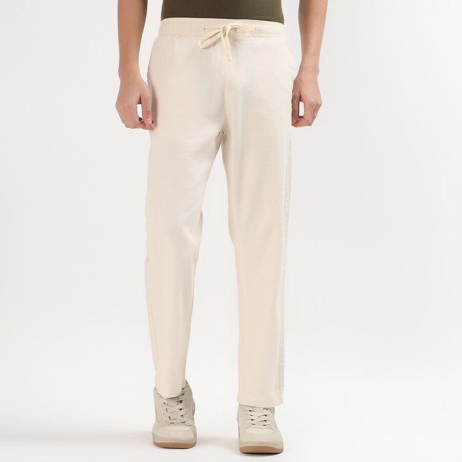 Men's Soft Beige Slim Fit Drawstring Casual Trousers, एक्रू मिश्रित, large image number null
