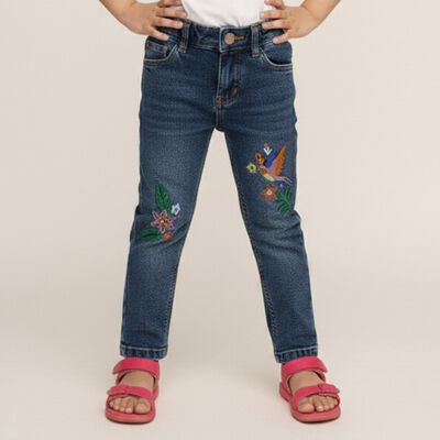 Girls' Dark Blue Regular Fit Embroidered Jeans