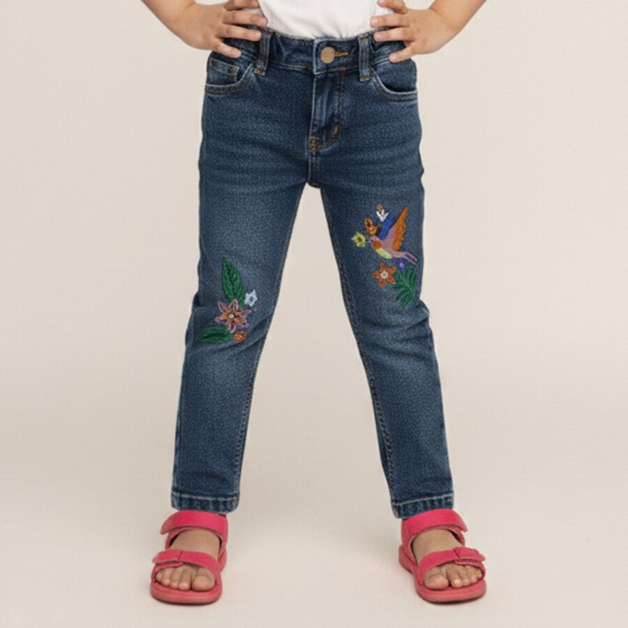 Girls' Dark Blue Regular Fit Embroidered Jeans, मध्यम नीला, large image number null