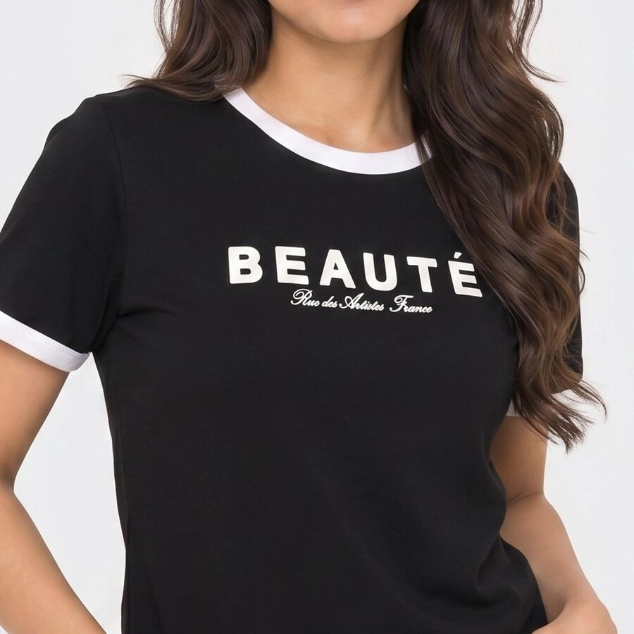 Women's Black Cotton Round Neck Regular T-Shirt, Black, large
