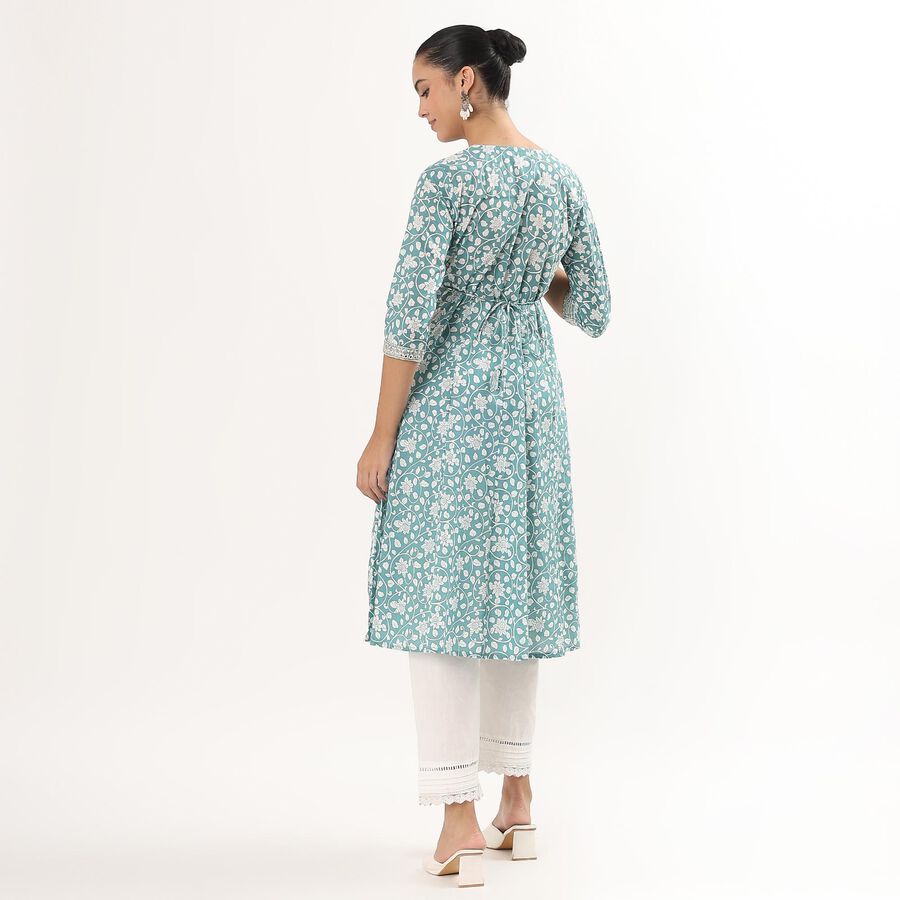 Women's Muted Blue Cotton Round Neck Embellished Kurta, Mid Blue, large image number null