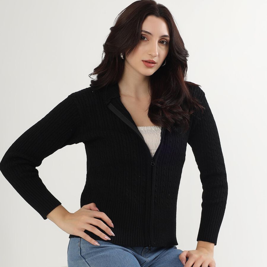 Women's Jet Black Hooded Casual Cardigan, Black, large