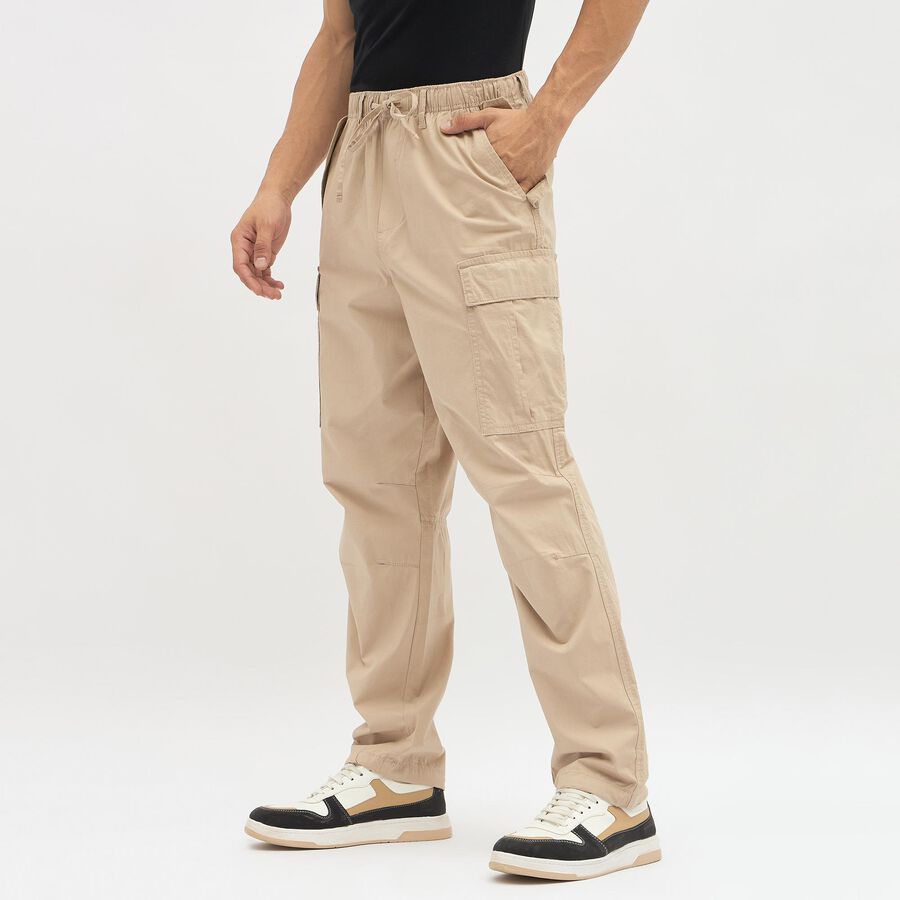Men's Muted Beige Slim Fit Cargo Trousers, Beige, large image number null