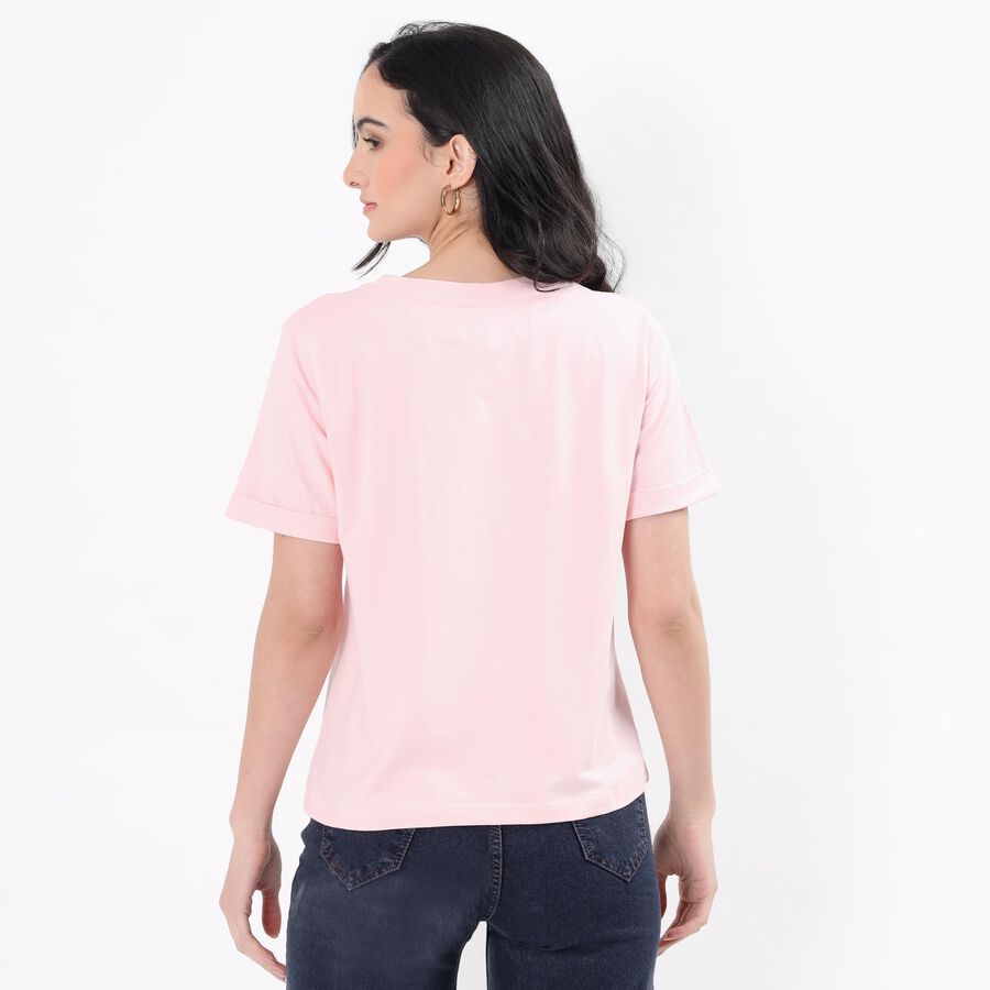 Women's Light Pink Round Neck Casual T-Shirt, गुलाबी, large