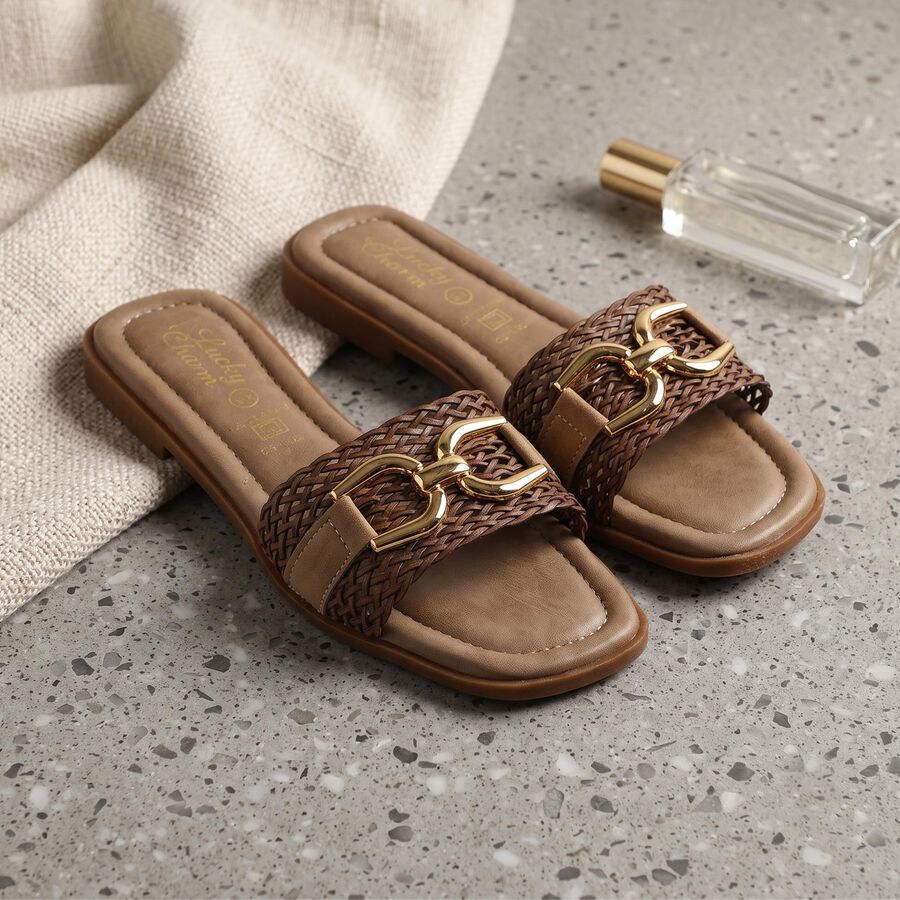 Women's Beige Chain Detail Slide Sandals, Beige, large