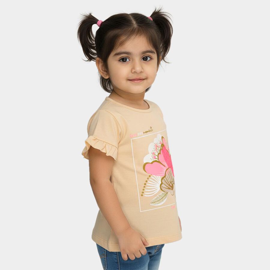 Girls Light Beige Cotton Round Neck Casual T-Shirt, गहरा पीला, large image number null