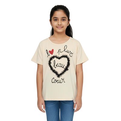 Girls' Beige Cotton Round Neck Graphic T-Shirt