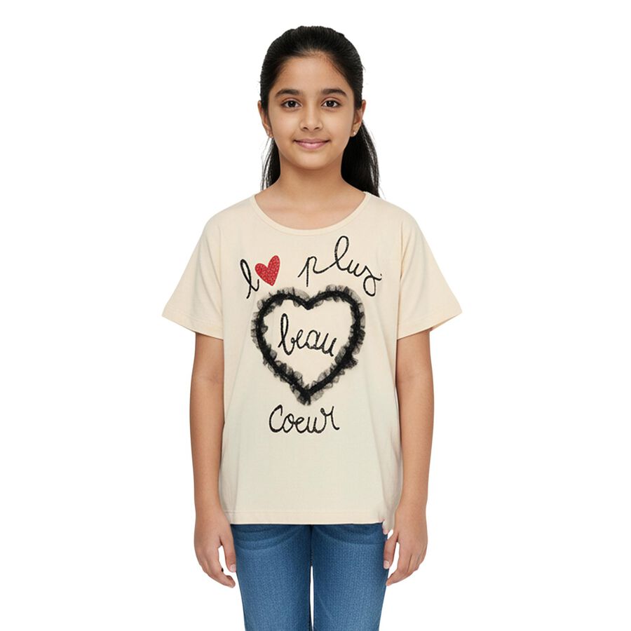 Girls' Beige Cotton Round Neck Graphic T-Shirt, Beige, large