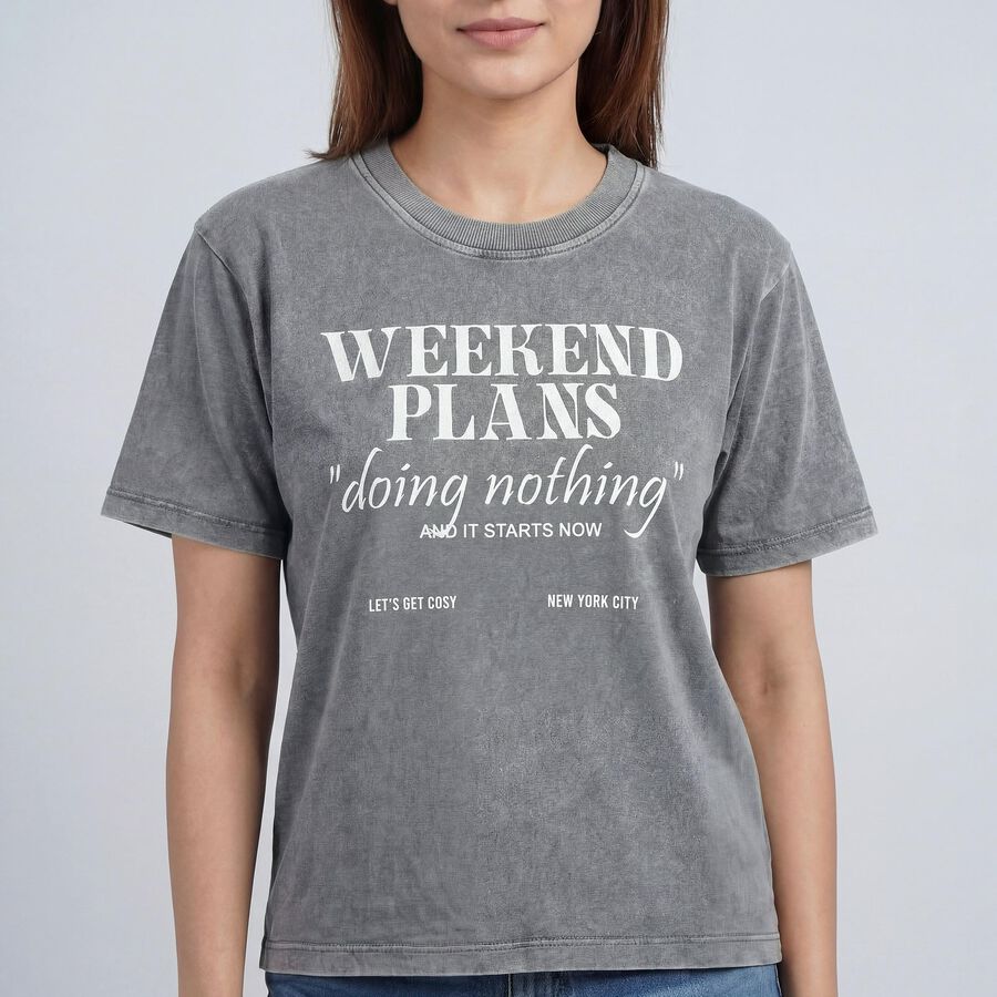 Women's Light Grey Round Neck Casual T-Shirt, हल्का ग्रे, large