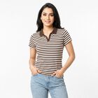Women's Brown Polo Neck Striped Polo T-Shirt, भूरा, small