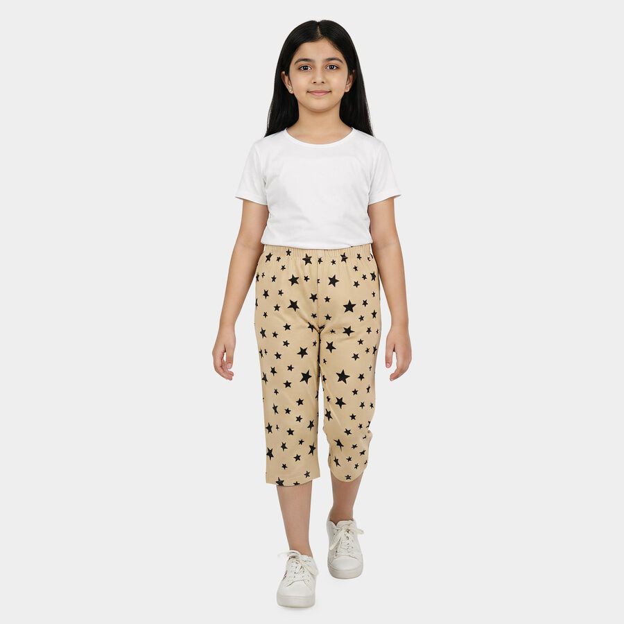 Girls Beige Straight Fit Star Printed Capri, गहरा पीला, large