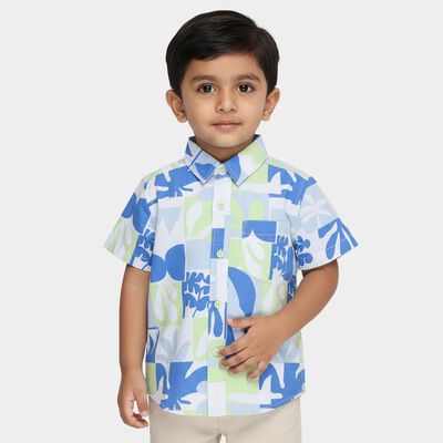 Boys Light Blue and Green Cotton Half Sleeve Classic Casual Shirt