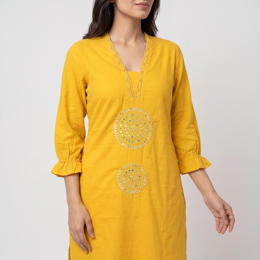 Women's Yellow Cotton V-Neck Embroidered Kurta, Yellow, large