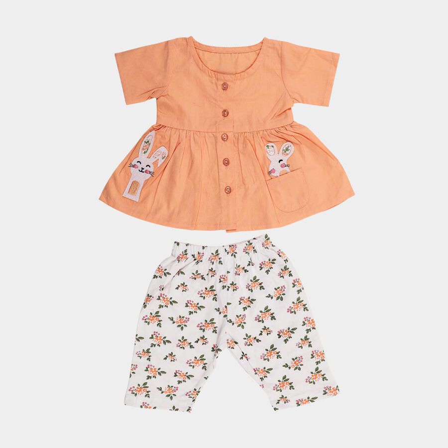 Infants' Peach Cotton Round Neck Applique Top and Capri Set, Peach, large