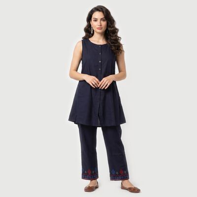 Women's Navy Blue Solid Ethnic Set