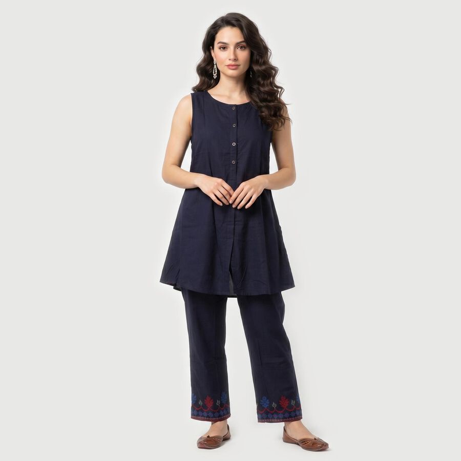 Women's Navy Blue Solid Ethnic Set, टील ब्लू, large