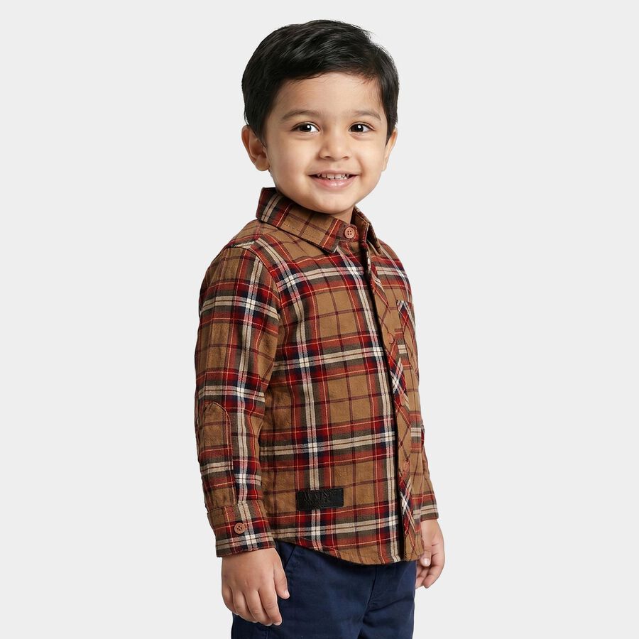 Boys Brown Cotton Long Sleeve Collar Regular Fit Shirt, भूरा, large