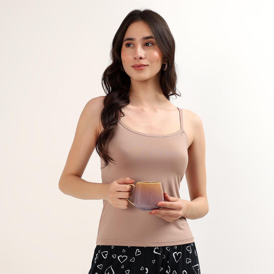 Women's Beige V-Neck Minimalist Slip, भूरा, large