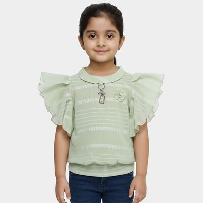 Girls' Light Sage Green Peter Pan Collar Romantic T-Shirt