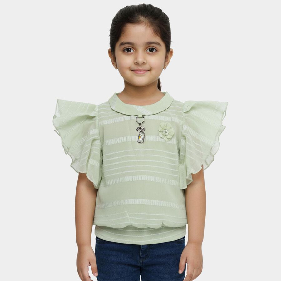 Girls' Light Sage Green Peter Pan Collar Romantic T-Shirt, Light Green, large