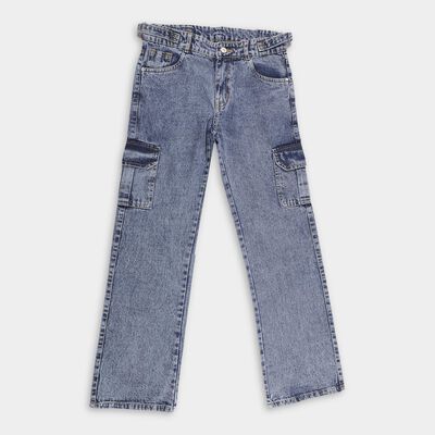 Girls' Stonewashed Blue Regular Fit Cargo Jeans