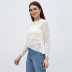 Women's White Round Neck Romantic Lace Top, White, small