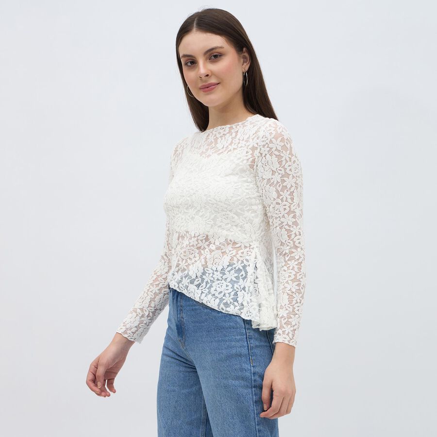 Women's White Round Neck Romantic Lace Top, White, large