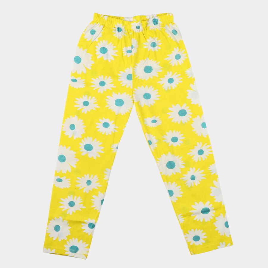Girls' Yellow Straight Fit Floral Printed Cotton Blend Pyjama, Yellow, large